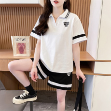 批发实拍~抖音质量 后包领<b class='q'>韩版</b>宽松刺绣撞色跑步运动服两件套夏季