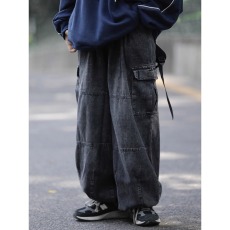 批发2025<b class='q'>日系</b>水洗做旧阔腿抽绳牛仔裤男<b class='q'>复古</b>宽松直筒休闲工装长裤女