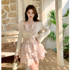 批发实拍~大码女装新款法式胸衣吊带粉色蕾丝花边蛋糕裙早<b class='q'>秋</b>套装