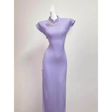 批发紫色日常<b class='q'>旗袍</b>2026新款新中式高端修身百搭包肩袖连衣裙民国大小姐