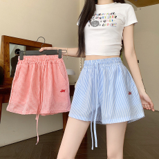 批发实拍  竖条纹抽绳字母刺绣阔腿短裤宽松夏季热裤<b class='q'>休闲裤</b>