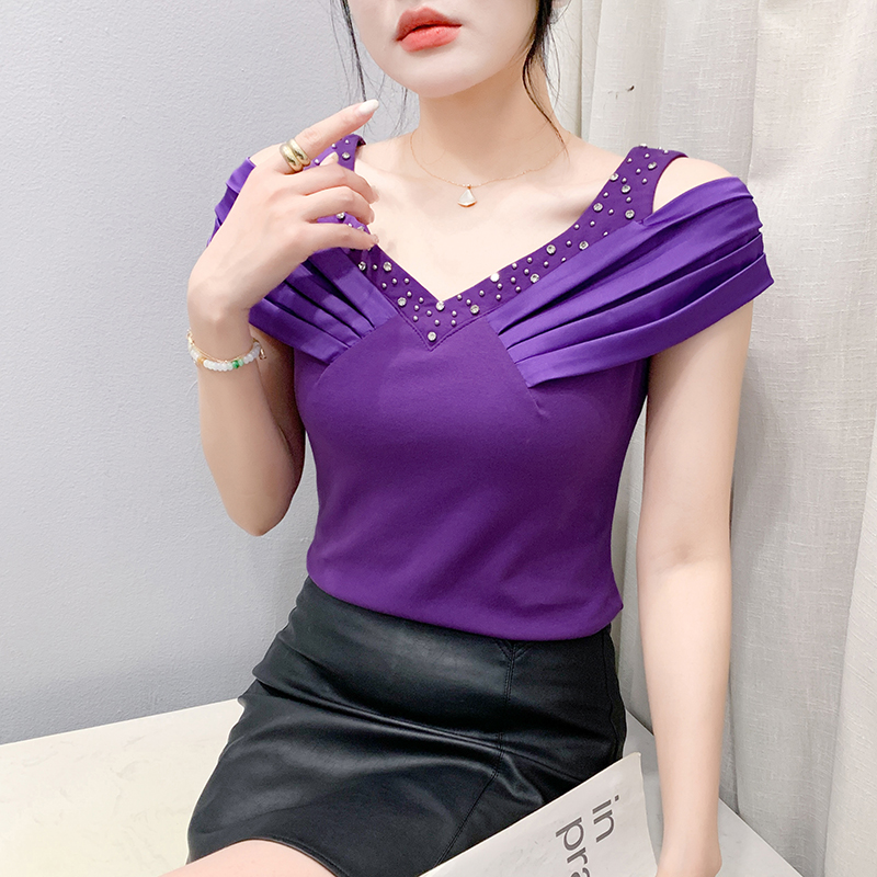 RY2179# 气质露肩钉钻V领褶皱上衣女缎面袖夏装性感镂空T恤修身百搭半...