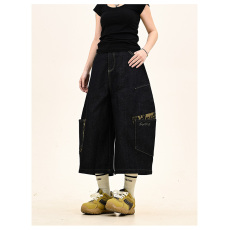 批发网图牛仔短裤女夏季新款美式高街迷彩拼接多口袋宽松弯刀<b class='q'>七分</b>裤夏