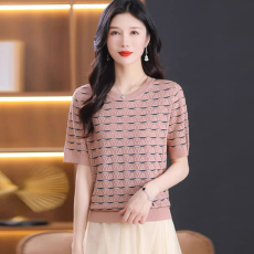批发夏季新款大码女装桑蚕丝短袖T恤中年洋气<b class='q'>妈妈</b>镂空冰丝<b class='q'>针织衫</b>上衣