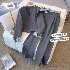 批发实拍大码女装胖妹妹春季新款时尚女显瘦百搭<b class='q'>西装外套</b>阔腿裤两件套