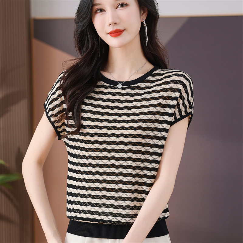 RY1081# 桑蚕丝短袖T恤女装镂空罩衫条纹冰丝针织衫正肩上衣