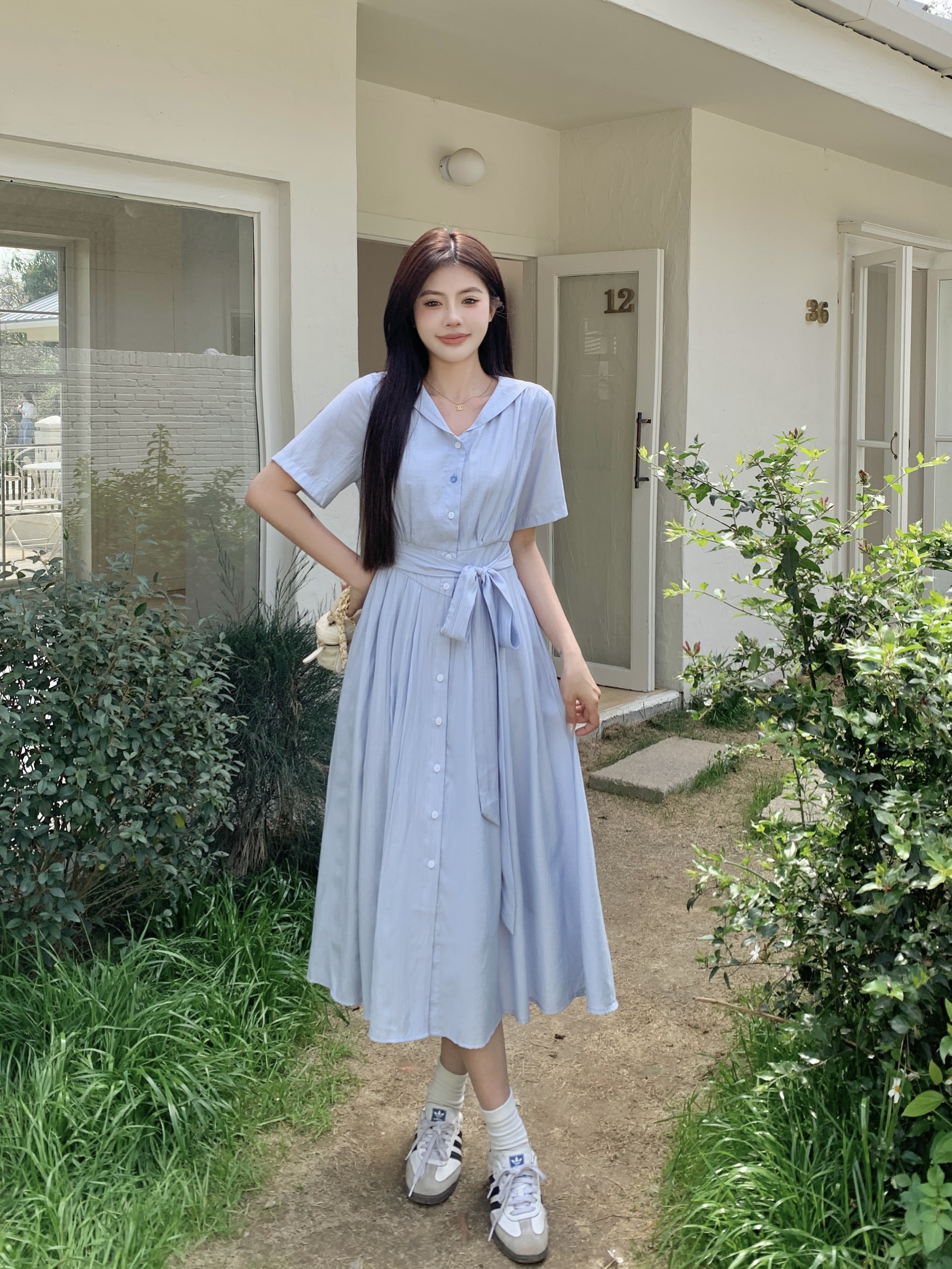 실사 2026 새로운 지방 mm 해군 칼라 프랑스식 레트로 출퇴근 고급 센스 반팔 허리 수축 드레스 롱 스커트