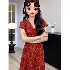 批发法式气质红色碎花连衣裙子女夏季2026<b class='q'>新款</b>氛围感漂亮独特收腰<b class='q'>长裙</b>
