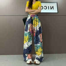 批发卡通哪吒印花扎染阔腿裤女春季渐变晕染休闲国潮满印直筒拖地长裤