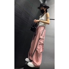 批发欧货休闲裤女2025春夏新款个性<b class='q'>糖果</b><b class='q'>色</b>侧边口袋设计感杠条拖地长裤