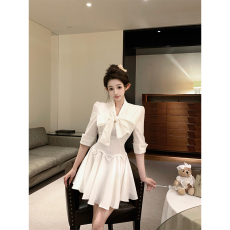 批发实拍实价 日常通勤收腰鱼尾衬衫裙蝴蝶结系带千金连衣裙