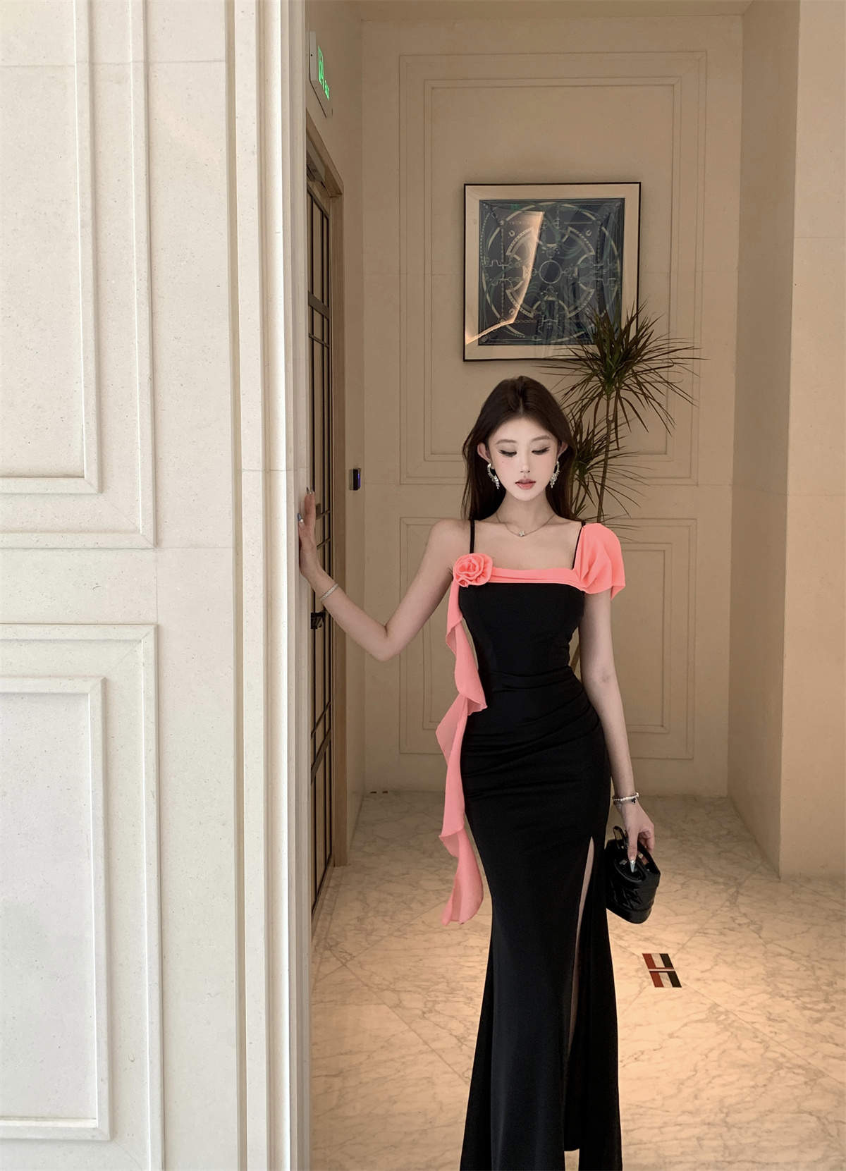 MY6175# 性感拼色立体花朵吊带连衣裙收腰显瘦开叉长款晚礼服女裝貨源服裝批發