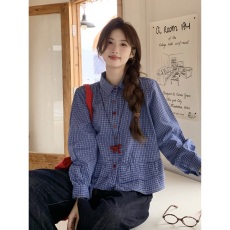 批发蓝色格子<b class='q'>衬衫</b>女2026秋季miu系穿搭荷叶边长袖<b class='q'>衬衣</b>短款上衣