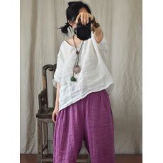 批发官图2026新棉麻薄款复古小衫V领手缝针迹绣线套头短袖文艺女衬衫