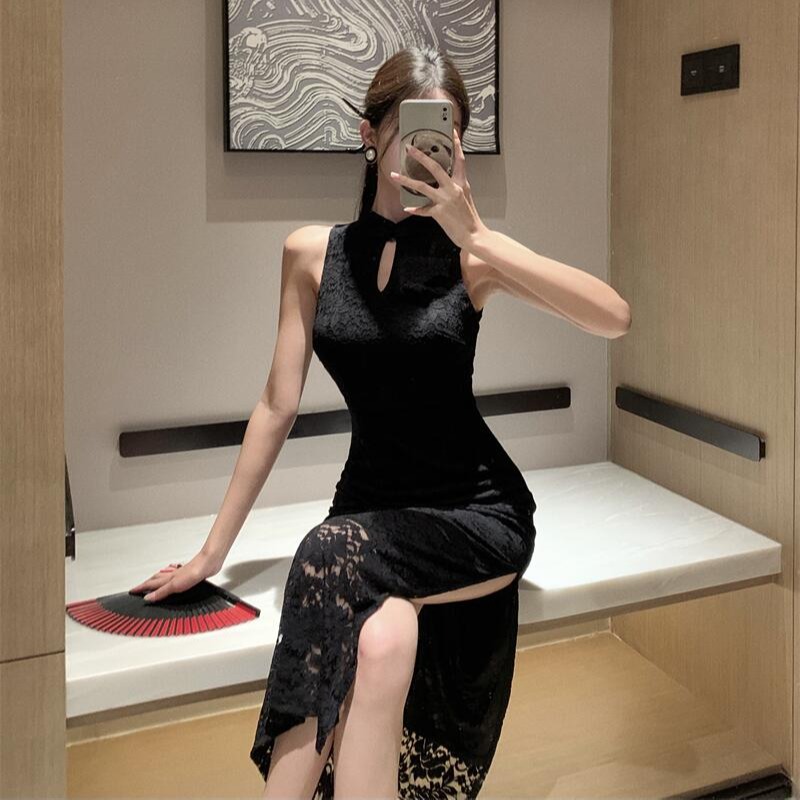 FA34065# 新中式蕾丝旗袍收腰显瘦性感无袖高开叉包臀连衣裙 服裝批發女裝批發服飾貨源