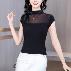 批发2026气质网纱修身纯欲显瘦T恤性感时尚百搭紧身黑色<b class='q'>不规则</b>小众
