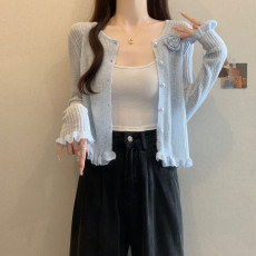 批发实拍大码女装防晒衣针织开衫胖MM立体花朵外搭配裙子空调衫上衣