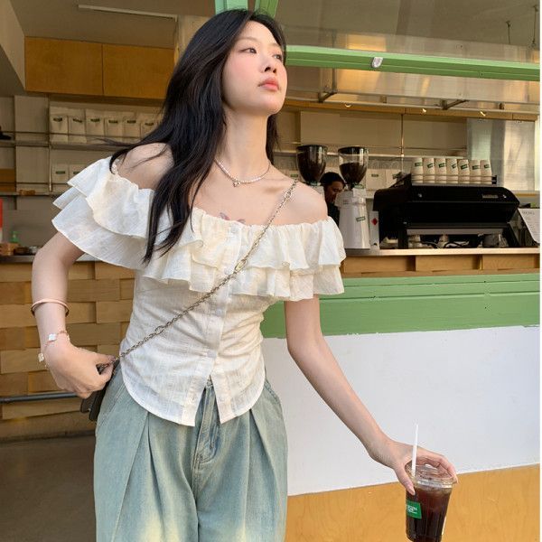 FA23365# 杏色法式一字领荷叶边短袖衬衫女夏季新款甜美风修身短款上衣