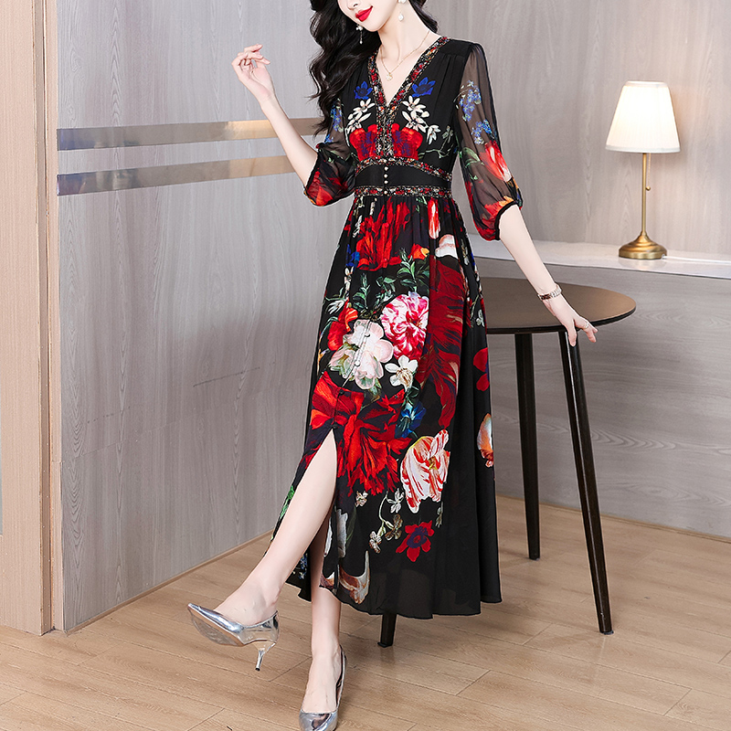 RY3170# 真丝连衣裙春夏2026新款法式轻奢复古碎花度假裙桑蚕丝收腰...