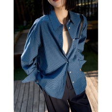 笑涵松弛廓形棉料衬衫 蓝白复古长袖薄外套上衣女2025年春季