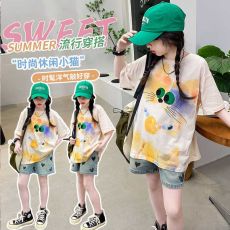 批发<b class='q'>女</b><b class='q'>童</b>短袖t恤夏装2025新款女孩夏季时尚上衣女大童韩版嘻哈宽松长t