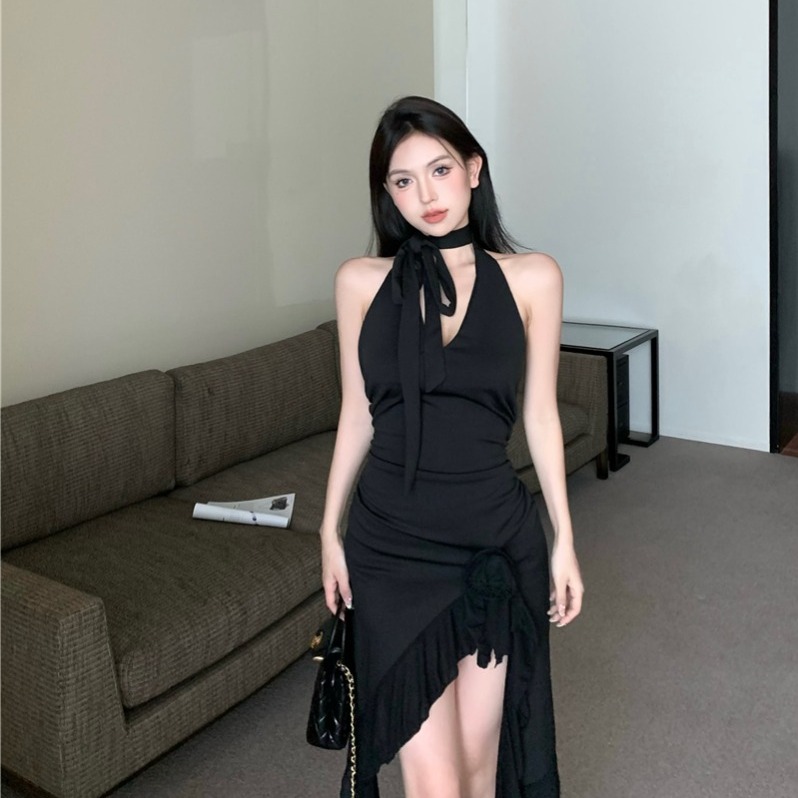 정가 실사 핫걸 바람 레이스업 V넥 민소매 여성 드레스 작은 대중 프릴 패치워크 불규칙 미니 스커트