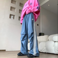 批发美式高街速干宽松伞兵裤子男款夏季美式潮流学院风侧边条纹阔腿裤