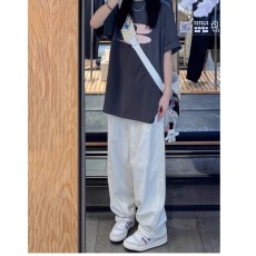 批发白色工装裤女夏季美式慵懒运动卫裤阔腿休闲垂垂遛弯裤子小个子