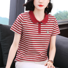 批发<b class='q'>妈妈装</b>2026春季新款短袖条纹女T恤高级感小众设计宽松拼接<b class='q'>上衣</b>