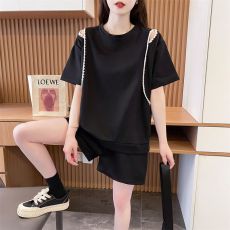 批发实拍抖音质量/后包领/宽松洋气花边撞色运动服两件套