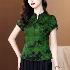 批发香云纱上衣女2026款短袖印花新中式<b class='q'>妈妈装</b>桑蚕丝真丝小衫