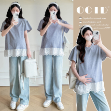 批发实拍2026孕妇<b class='q'>夏</b>装时尚气质新款短袖T恤设计感蕾丝宽松显瘦上衣