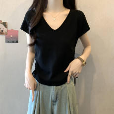 批发实拍胖妹妹大码女装夏装飞飞袖设计感抽绳V领短袖T恤显瘦宽松上衣