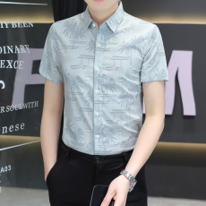 批发轻<b class='q'>商务</b>夏季新款男士短袖衬衫韩版潮流帅气修身衬衣青年休闲寸衫