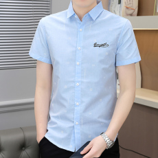 批发新款短袖衬衫男装时尚潮流韩版修身男士衬衣青少年休闲上衣绣花