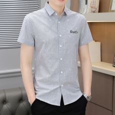 批发新款短袖衬衫男装时尚潮流韩版修身男士衬衣青少年休闲上衣绣花
