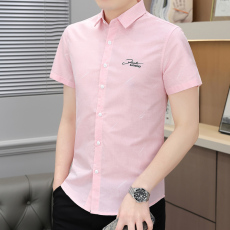 批发新款短袖衬衫男装时尚潮流韩版修身男士衬衣青少年休闲上衣绣花