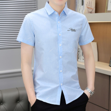 批发新款短袖衬衫男装时尚潮流韩版修身男士衬衣青少年休闲上衣绣花
