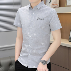 批发新款短袖衬衫男装时尚潮流韩版修身男士衬衣青少年休闲上衣绣花