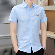 批发新款短袖衬衫男装时尚潮流韩版修身男士衬衣青少年休闲上衣绣花