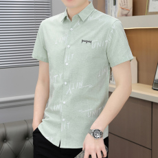 批发新款短袖衬衫男装时尚潮流韩版修身男士衬衣青少年休闲上衣绣花