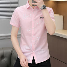 批发新款短袖衬衫男装时尚潮流韩版修身男士衬衣青少年休闲上衣绣花