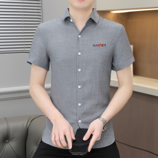 批发新款短袖衬衫男装时尚潮流韩版修身男士衬衣青少年休闲上衣绣花