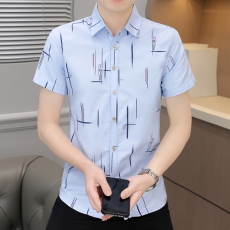 批发夏季短袖衬衫男新款半袖寸衫韩版修身流行潮男青少年学生衬衣印花
