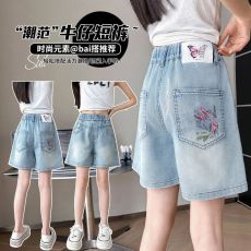 批发女童牛仔短裤<b class='q'>夏</b>装刺绣工艺儿童中大童百搭宽松休闲<b class='q'>夏</b>季薄款五分裤