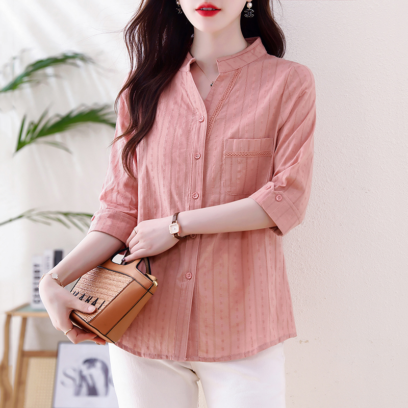 MY4193# v领纯棉女士衬衫新款女装洋气大码中袖衬衣七分袖上衣女裝貨源服裝批發