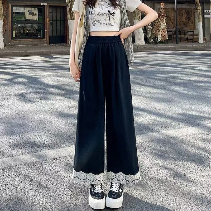 새로운 레이스 레이스 한국 스타일 캐주얼 하이웨이스트 와이드 레그 팬츠 2026 봄 여름 새로운 단색 패치워크 캐주얼 바지 여성