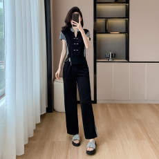 批发新中式国风休闲运动<b class='q'>套装</b>女夏季2026年新款盘扣短袖T恤气质V领上衣