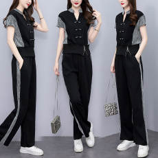 批发新中式国风休闲运动<b class='q'>套装</b>女夏季2026年新款盘扣短袖T恤气质V领上衣