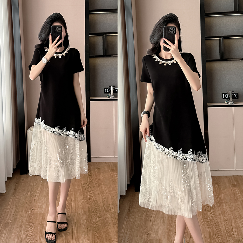 MY15591# 新款韩系名媛气质重工亮片网纱拼接遮肉显瘦连衣裙女裝貨源服...